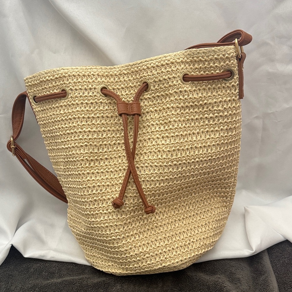 Stylish Tan and Brown Woven Bucket Bag